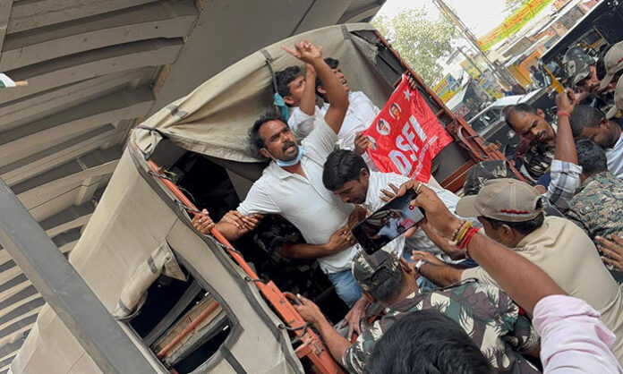 Unemployed youth protesting for job notifications during the Million March in Dilsukhnagar, Telangana.