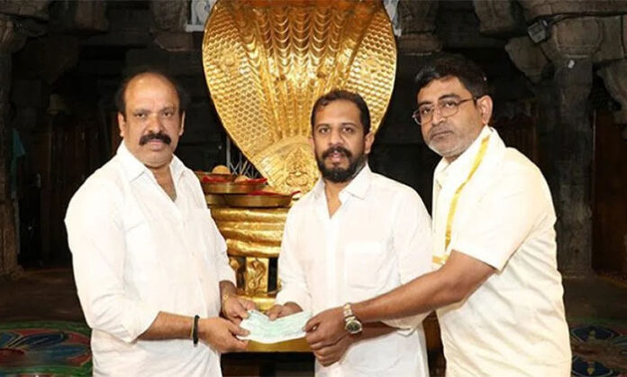 Devotees from Bilva Infra and Devi Fisheries donating Rs 2 crore to Lord Venkateswara Swamy at Tirumala temple through TTD trusts.