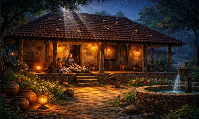 Aluku Vasala’s traditional ancestral house showcasing natural lighting, rural charm, and cultural heritage with wooden architecture and rustic features.