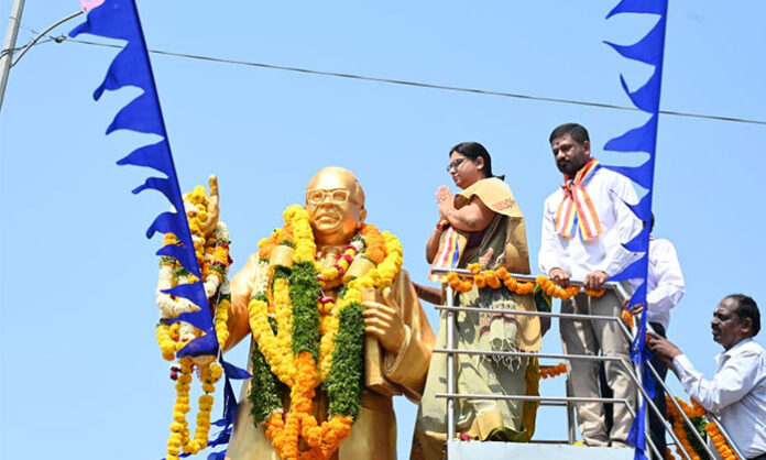 District Collector Abhilasha Abhinav paying tribute to Dr BR Ambedkar during Jayanti celebrations in Nirmal