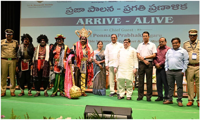 Minister Ponnam Prabhakar addressing Arrive Alive road safety awareness program at Gachibowli Engineering Staff College