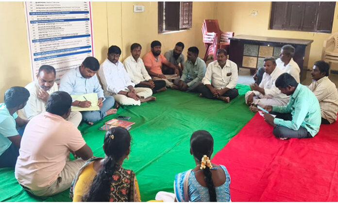 Village Sarpanch Chekkala Parameshwar addressing Gram Sabha meeting in BG Venkatapur on Panchayati Raj Day focusing on development plans.