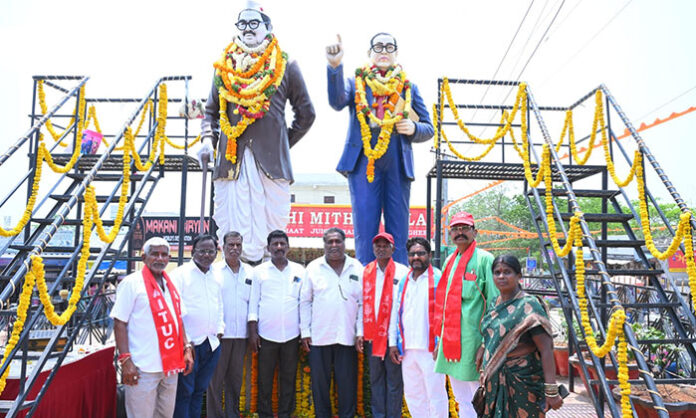 CPI leaders paying rich tributes to Babu Jagjivan Rao on his birth anniversary, garlanding his portrait in Jawahar Nagar.