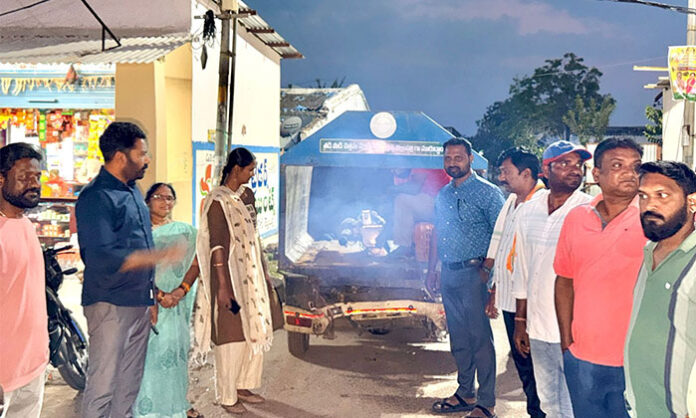 Municipal workers conducting mosquito spraying drive in Ward 7 Bellampalli under supervision