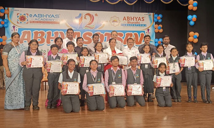Blue Bells High School students receiving state level ranks at Abhyasotsav awards ceremony in Hyderabad