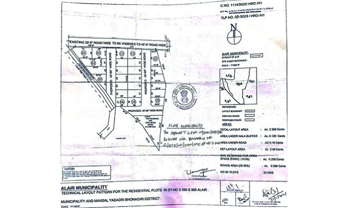 Illegal real estate layout expansion in Brundavanam Colony showing alleged land encroachment and municipal planning violations.