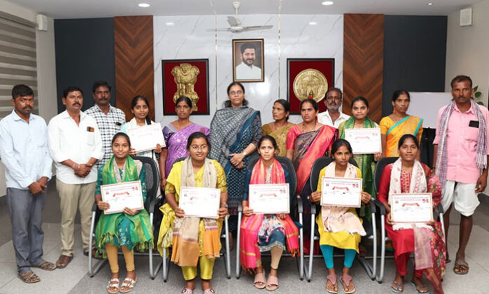 Collector Khushboo Gupta felicitating BC Welfare Gurukulam students for outstanding intermediate exam results