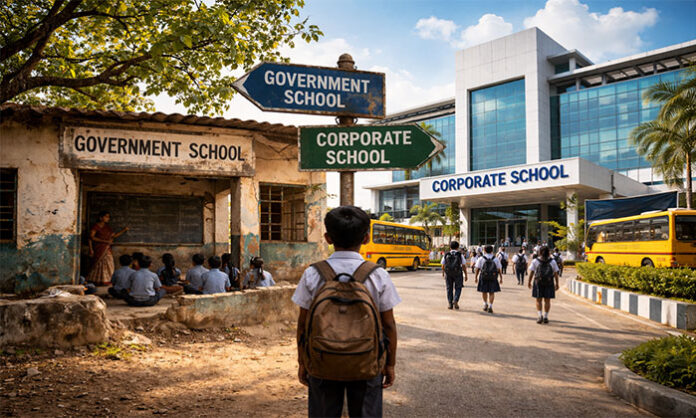 Empty benches and dusty classrooms in a government school highlighting the decline of public education compared to corporate schools with modern facilities.
