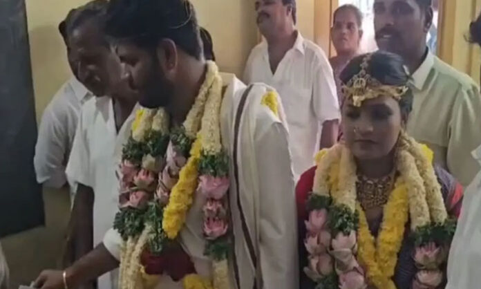 Newlywed groom and bride voting at polling booth in Tamil Nadu after wedding ceremony