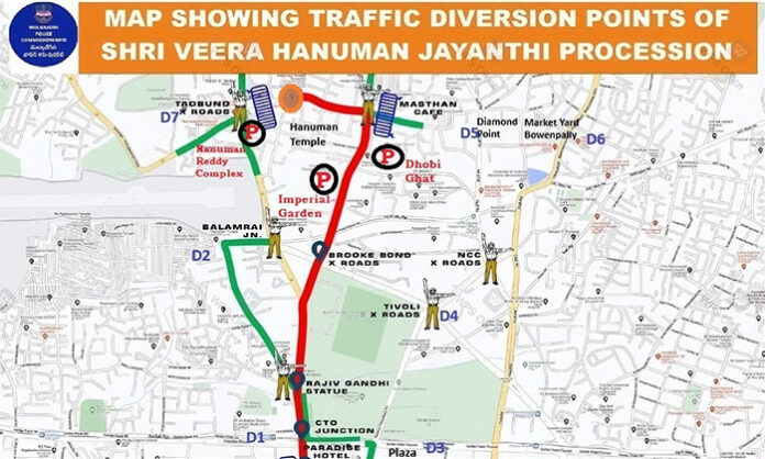 Malkajgiri Traffic Police managing routes and diversions during the Hanuman Jayanti procession to ensure smooth movement and public safety.