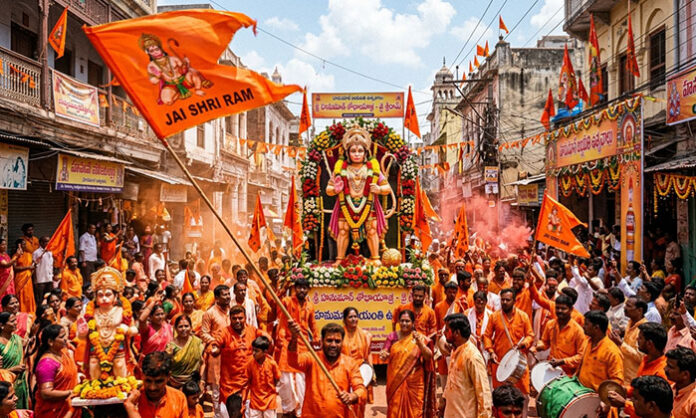 Devotees participating in the Hanuman Shobhayatra 2026 in Malkajgiri, emphasizing devotion, discipline, and peaceful observance.