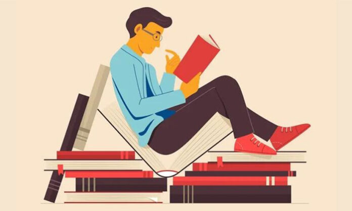 A symbolic illustration showing a book in one hand and a mobile phone dominating the other, representing the shift from reading culture to digital distraction.