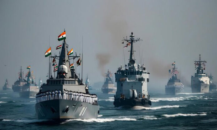 Indian Navy safeguarding coastal regions and participating in maritime security and disaster relief operations on National Beach Day.