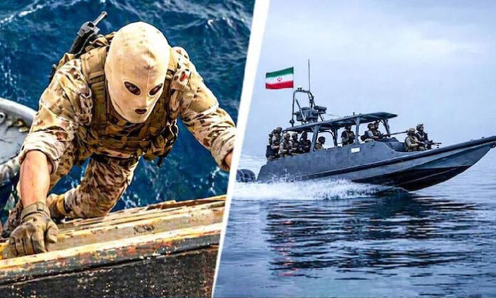 Masked Iranian soldiers boarding cargo ship during Strait of Hormuz attack operation