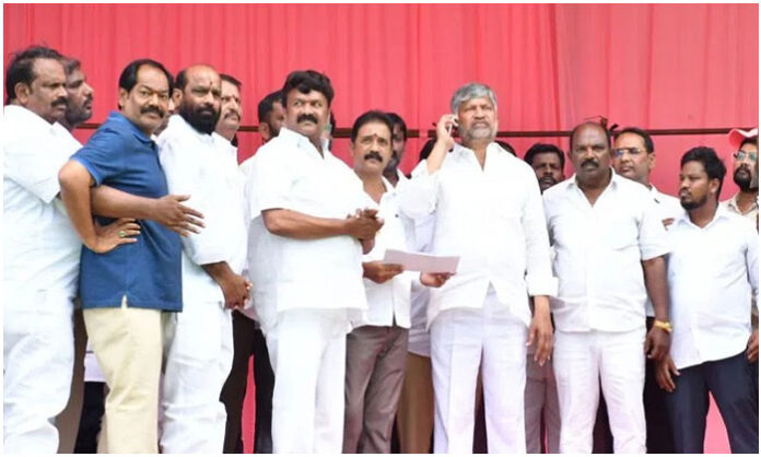 Talasani Srinivas Yadav and MLC Ramana inspecting arrangements for KCR public meeting in Jagtial