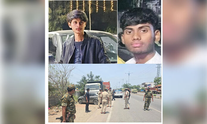 Severely damaged car after high-speed crash into a parked lorry near Bommakal Bypass in Karimnagar resulting in two student deaths.