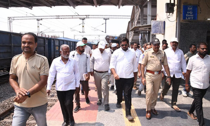 MP Gaddam Vamsi Krishna inspecting development works at Mancherial Railway Station under Amrit Bharat Station Scheme