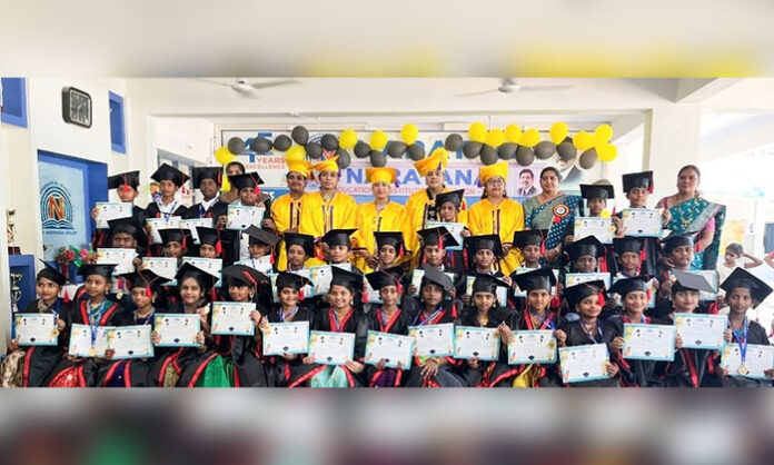 Students in graduation caps and gowns celebrating Graduation Day at Narayana High School in Jangaon with certificates and medals.