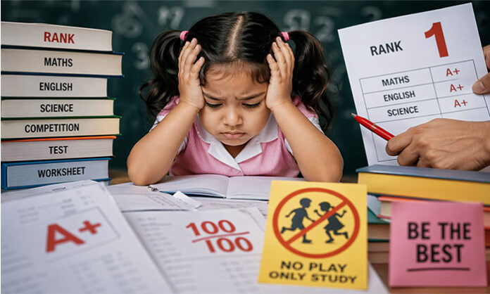 Young children facing academic pressure and stress due to marks and exams in pre primary education