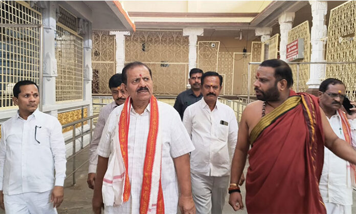 Telangana Chief Minister Revanth Reddy performing Bhoomi Puja at Basara Sri Gnana Saraswati Temple during the groundbreaking ceremony for temple reconstruction.