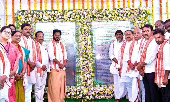 Chief Minister A. Revanth Reddy laying the foundation stone for the development of Sri Gnana Saraswathi Ammavari Temple in Basara, Nirmal district, accompanied by ministers, officials, and public representatives