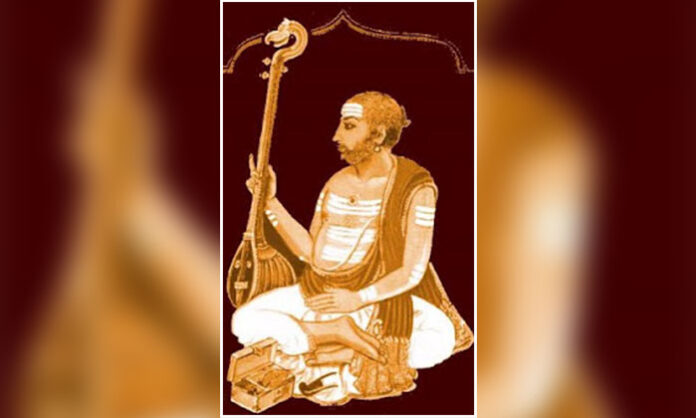 Portrait illustration of Shyama Shastri, Carnatic music composer of the Sangeetha Trimurthi, symbolizing Telugu cultural and musical pride.