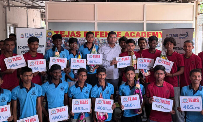 Tejas Junior College students celebrating outstanding Intermediate results with top scores across MPC BiPC and CEC streams