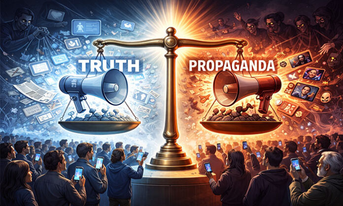 A symbolic representation of silenced public voices, social media influence, and contrasting themes of truth and propaganda in modern democracy