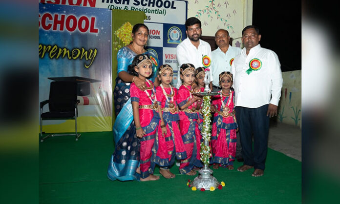 Pre primary UKG students celebrating graduation day at Vision High School Karimnagar with certificates and cultural performances