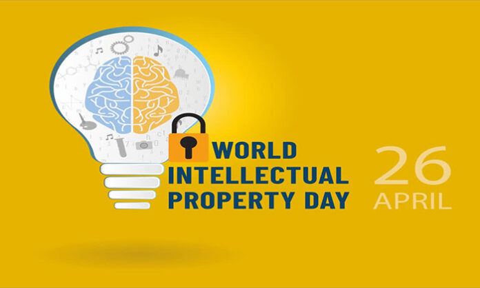 Illustration representing intellectual property protection with ideas, patents, copyrights, and innovation symbols under World Intellectual Property Day theme.
