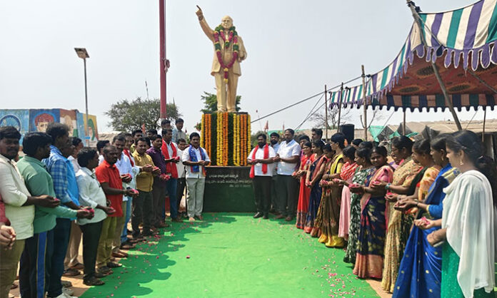 CPI leaders paying tribute to Ambedkar during 135th birth anniversary meeting in Abdullapurmet