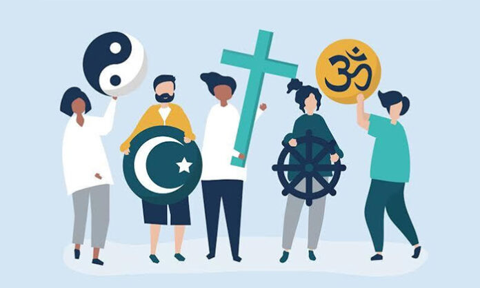 Symbolic representation of people from different religions standing together promoting unity, peace, and harmony in India.