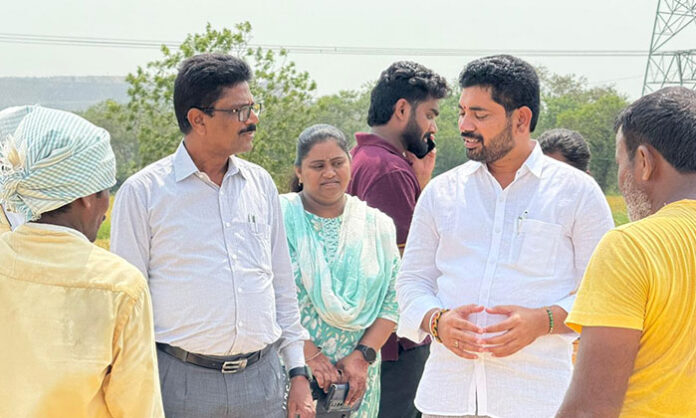 Additional Collector P. Chandraiah and Mayor Darni Madhukar inspect the grain procurement center in Sitarampalli, Mancherial.