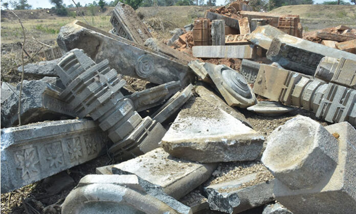 Damaged ancient Shiva temple in Warangal district with villagers demanding investigation over suspected gold motive