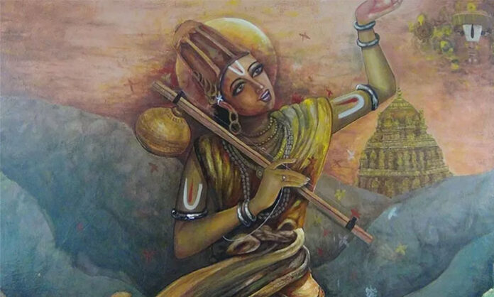 Portrait of Annamacharya with devotional background representing Telugu sankirtana poetry tradition and Annamayya Jayanti celebration