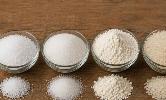 White sugar, refined salt and polished rice displayed with healthier alternatives like brown rice and rock salt