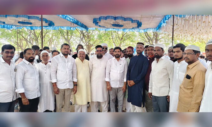 Mancherial Mayor Dharni Madhukar and Congress leaders participating in Bakrid celebrations at Eidgah and Kabristan Dargah in Mancherial.