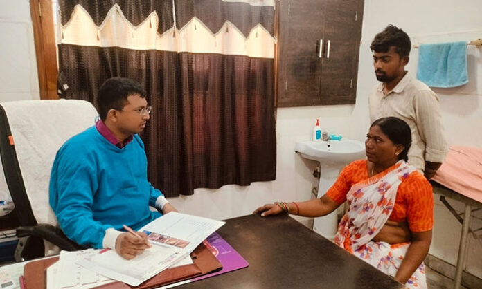 Dr. Naveen Adepu removes a chicken bone stuck in a woman's throat using endoscopy at Kakatiya Gastro and Liver Hospital in Mancherial.