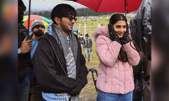 Dulquer Salmaan and Pooja Hegde seen in winter landscapes during the shooting schedule of Pan India film DQ41 produced by SLV Cinemas.