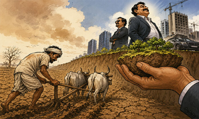 A distressed Indian farmer standing in an agricultural field after suffering heavy crop losses and debt burden
