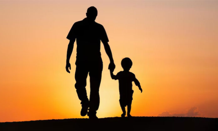 Emotional illustration of a father holding his child symbolizing sacrifice love and family responsibility