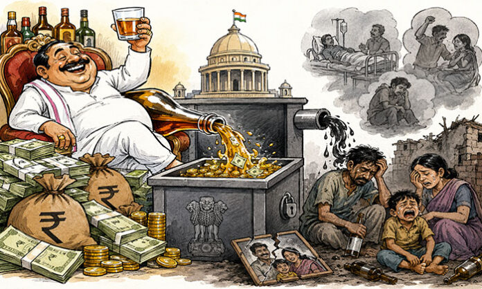 A symbolic image showing the social and financial destruction caused by alcohol addiction while governments depend heavily on liquor revenue.