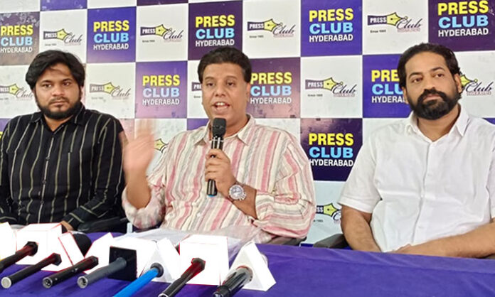 Mohammed Mukruddin Khan addressing a press conference regarding ancestral land dispute allegations involving former minister Harish Rao in Telangana.