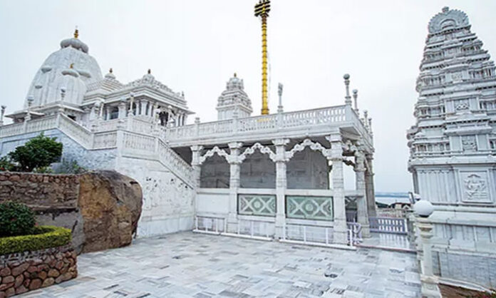 The majestic white marble Birla Mandir in Hyderabad overlooking Hussain Sagar Lake during its Golden Jubilee celebrations.