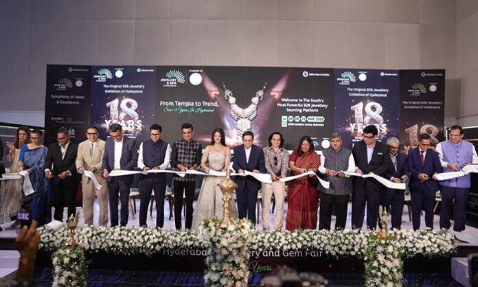 Visitors and exhibitors participating in Hyderabad Jewellery Pearl and Gem Fair 2026 showcasing gold and diamond collections