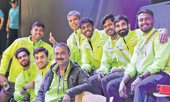 Indian badminton team preparing for Thomas Cup quarter final match against Chinese Taipei