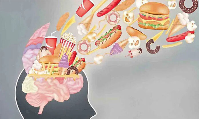 Illustration showing the harmful effects of junk food on brain health and childhood development