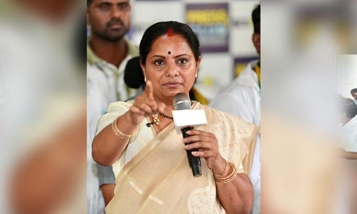 Kavitha addressing round table conference on education fee regulation at Somajiguda Press Club in Hyderabad
