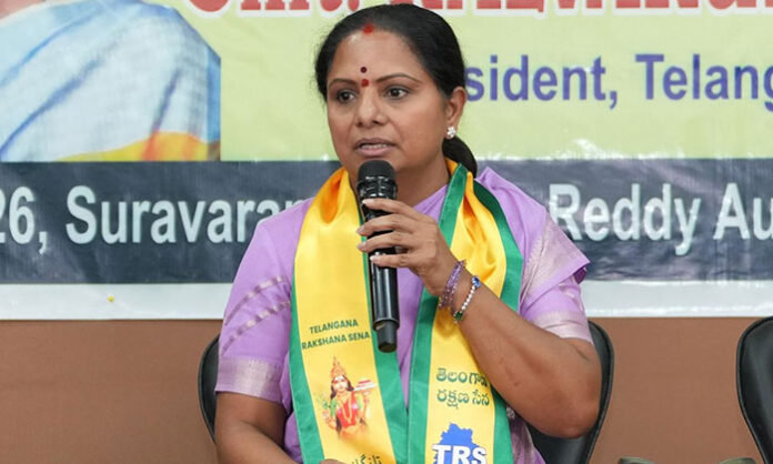 Kalvakuntla Kavitha addressing media at Bashir Bagh Press Club announcing Telangana Rakshana Sena and free education promise