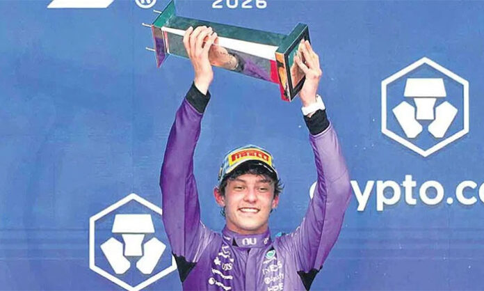 Kimi Antonelli celebrates after winning Miami Grand Prix securing third consecutive Formula 1 victory